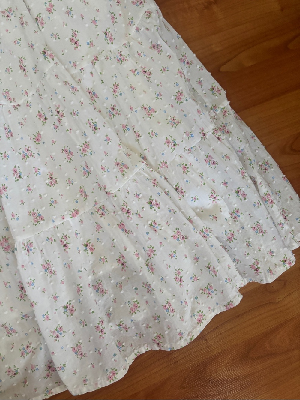 Storia White Floral Midi Cotton Swiss Dot Tiered Dress With Pink Accents - Picture 6 of 8